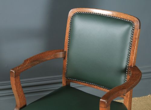 fig 4. Antique English Edwardian Solid Oak & Green Leather Revolving High Back Office Desk Arm Chair (Circa 1910)