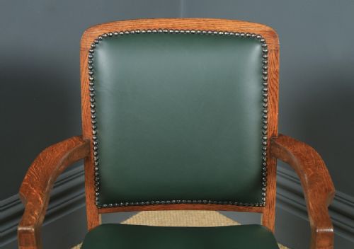 fig 5. Antique English Edwardian Solid Oak & Green Leather Revolving High Back Office Desk Arm Chair (Circa 1910)
