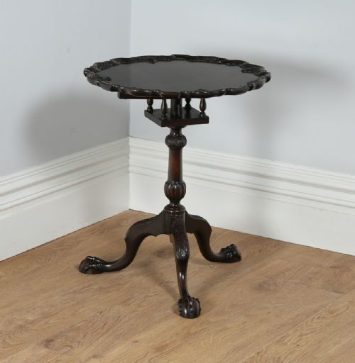 fig 2. Antique Georgian Chippendale Style English Mahogany Tilt Top Bird Cage Pie Crust Tripod Table (Circa 1910)