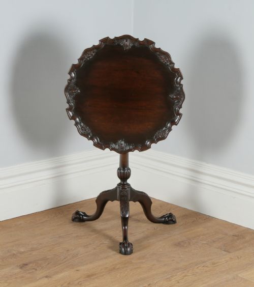 fig 1. Antique Georgian Chippendale Style English Mahogany Tilt Top Bird Cage Pie Crust Tripod Table (Circa 1910)