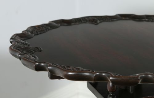 fig 6. Antique Georgian Chippendale Style English Mahogany Tilt Top Bird Cage Pie Crust Tripod Table (Circa 1910)