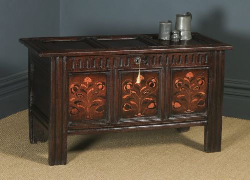 Antique English 17th Century Charles II Oak Inlaid Triple Panel Yorkshire Coffer (Circa 1680)