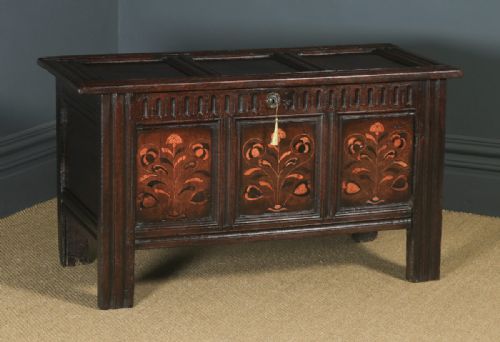 fig 1. Antique English 17th Century Charles II Oak Inlaid Triple Panel Yorkshire Coffer (Circa 1680)
