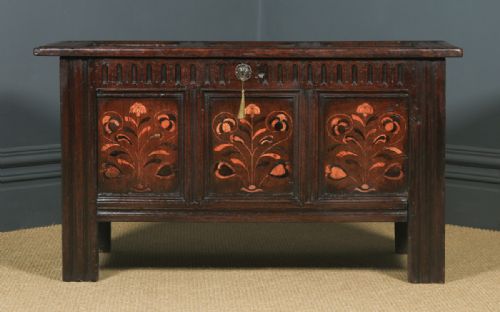 fig 2. Antique English 17th Century Charles II Oak Inlaid Triple Panel Yorkshire Coffer (Circa 1680)