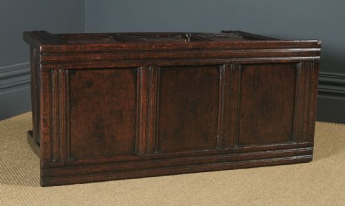 fig 3. Antique English 17th Century Charles II Oak Inlaid Triple Panel Yorkshire Coffer (Circa 1680)