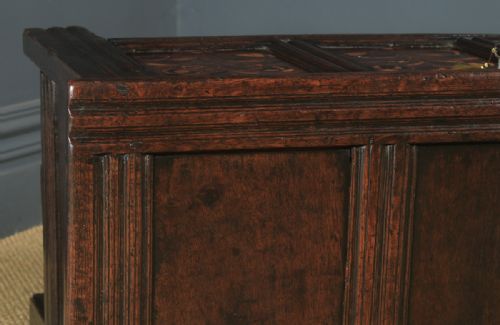 fig 4. Antique English 17th Century Charles II Oak Inlaid Triple Panel Yorkshire Coffer (Circa 1680)
