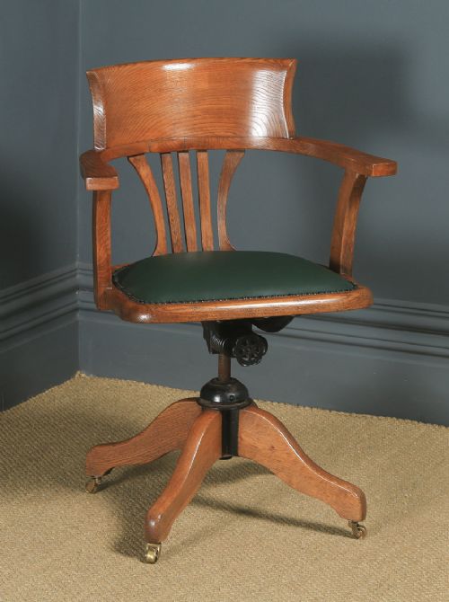 Antique English Edwardian Oak & Green Leather Revolving Office Desk Arm Chair (Circa 1910)