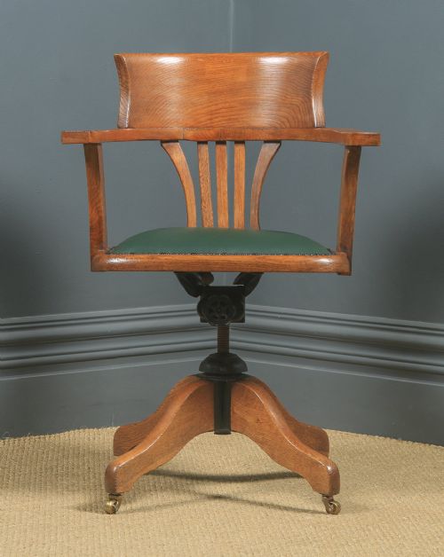 fig 1. Antique English Edwardian Oak & Green Leather Revolving Office Desk Arm Chair (Circa 1910)