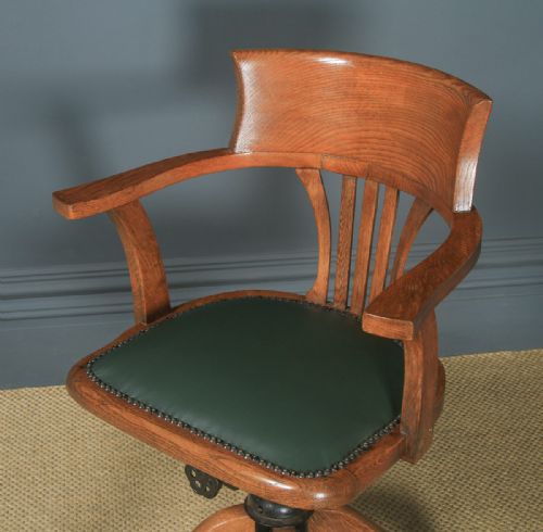 fig 2. Antique English Edwardian Oak & Green Leather Revolving Office Desk Arm Chair (Circa 1910)