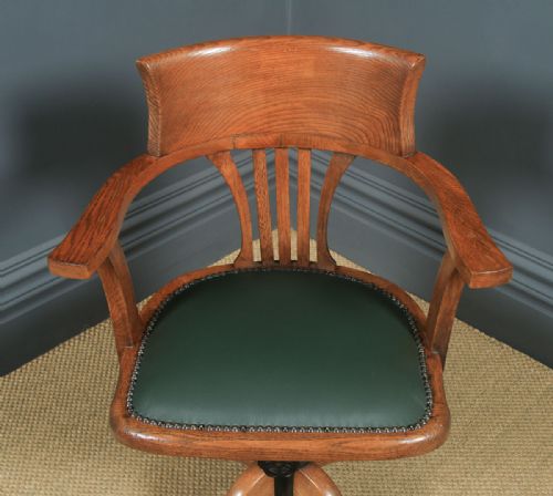 fig 3. Antique English Edwardian Oak & Green Leather Revolving Office Desk Arm Chair (Circa 1910)