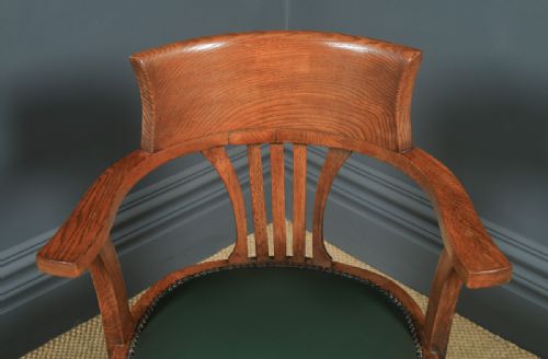 fig 4. Antique English Edwardian Oak & Green Leather Revolving Office Desk Arm Chair (Circa 1910)