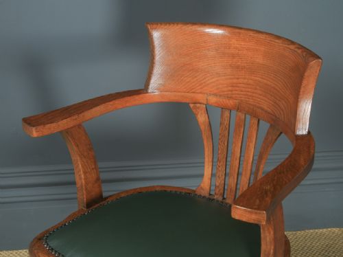 fig 5. Antique English Edwardian Oak & Green Leather Revolving Office Desk Arm Chair (Circa 1910)