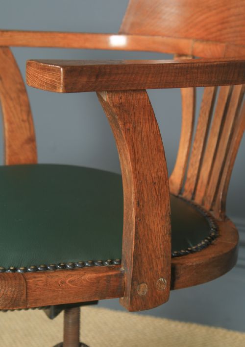 fig 7. Antique English Edwardian Oak & Green Leather Revolving Office Desk Arm Chair (Circa 1910)