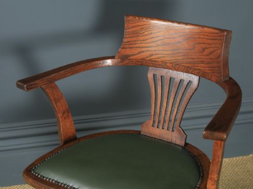 fig 4. Antique English Edwardian Oak & Green Leather Revolving Office Desk Arm Chair (Circa 1910)