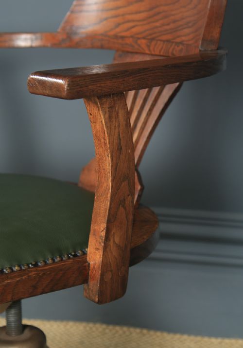 fig 7. Antique English Edwardian Oak & Green Leather Revolving Office Desk Arm Chair (Circa 1910)