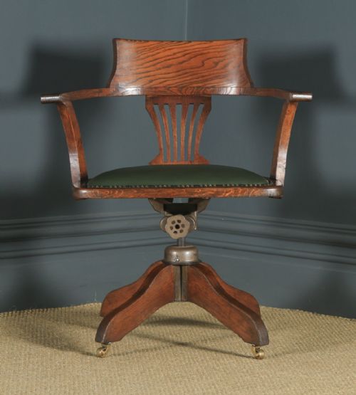 fig 1. Antique English Edwardian Oak & Green Leather Revolving Office Desk Arm Chair (Circa 1910)