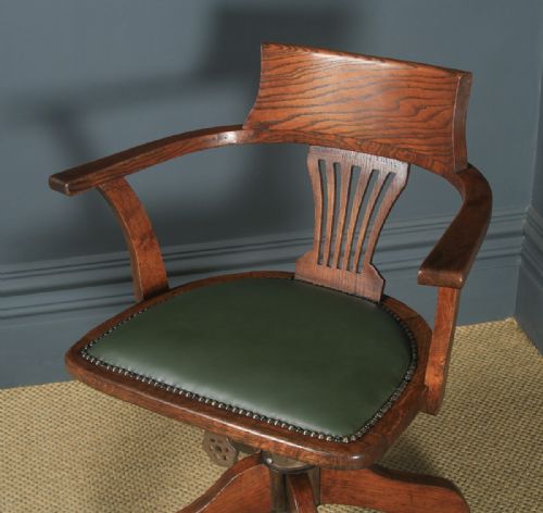 fig 2. Antique English Edwardian Oak & Green Leather Revolving Office Desk Arm Chair (Circa 1910)