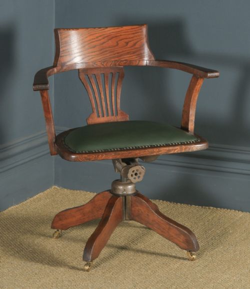 Antique English Edwardian Oak & Green Leather Revolving Office Desk Arm Chair (Circa 1910)