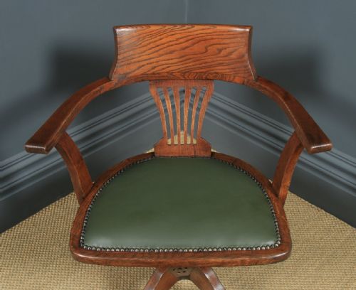 fig 3. Antique English Edwardian Oak & Green Leather Revolving Office Desk Arm Chair (Circa 1910)