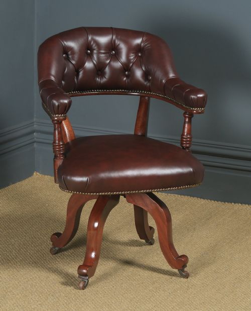 Antique English Victorian Mahogany & Burgundy Red Leather Revolving Office Desk Arm Chair (Circa 1880)