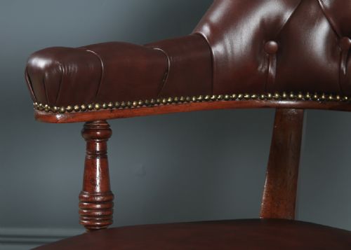 fig 6. Antique English Victorian Mahogany & Burgundy Red Leather Revolving Office Desk Arm Chair (Circa 1880)