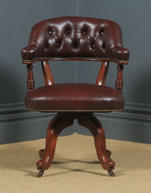 fig 1. Antique English Victorian Mahogany & Burgundy Red Leather Revolving Office Desk Arm Chair (Circa 1880)