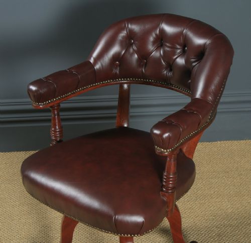 fig 2. Antique English Victorian Mahogany & Burgundy Red Leather Revolving Office Desk Arm Chair (Circa 1880)