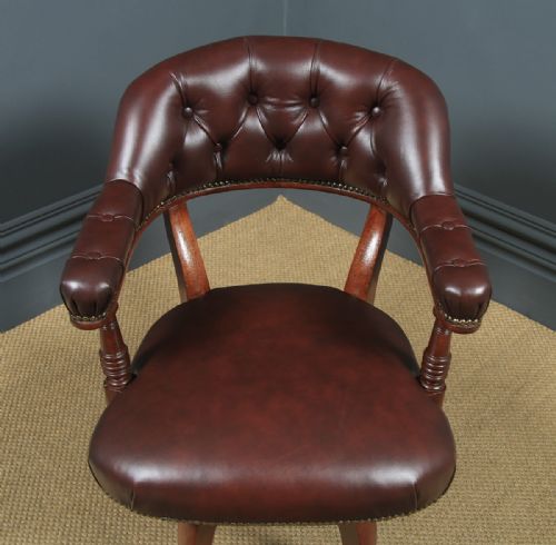 fig 3. Antique English Victorian Mahogany & Burgundy Red Leather Revolving Office Desk Arm Chair (Circa 1880)