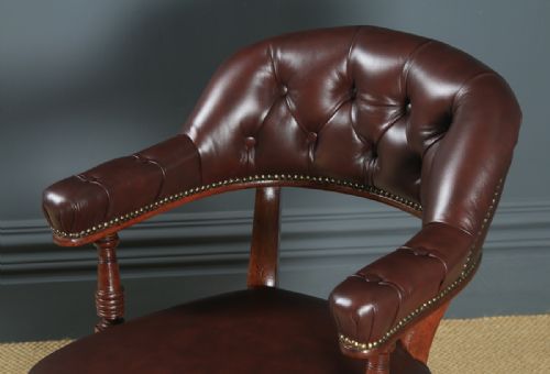 fig 4. Antique English Victorian Mahogany & Burgundy Red Leather Revolving Office Desk Arm Chair (Circa 1880)