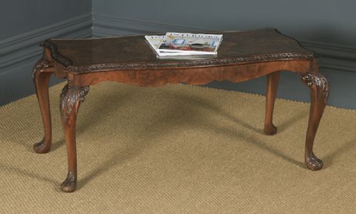 Antique English Queen Anne Style Carved Burr Walnut & Glass Coffee Table (Circa 1920)