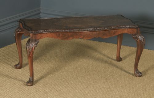fig 1. Antique English Queen Anne Style Carved Burr Walnut & Glass Coffee Table (Circa 1920)
