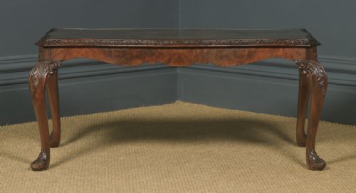 fig 2. Antique English Queen Anne Style Carved Burr Walnut & Glass Coffee Table (Circa 1920)