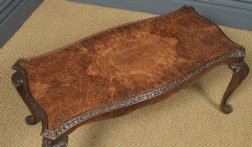 fig 3. Antique English Queen Anne Style Carved Burr Walnut & Glass Coffee Table (Circa 1920)