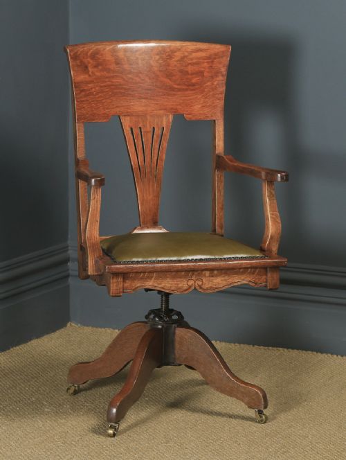Antique English Edwardian Art Nouveau Oak & Leather Revolving Office Desk Arm Chair (Circa 1910)