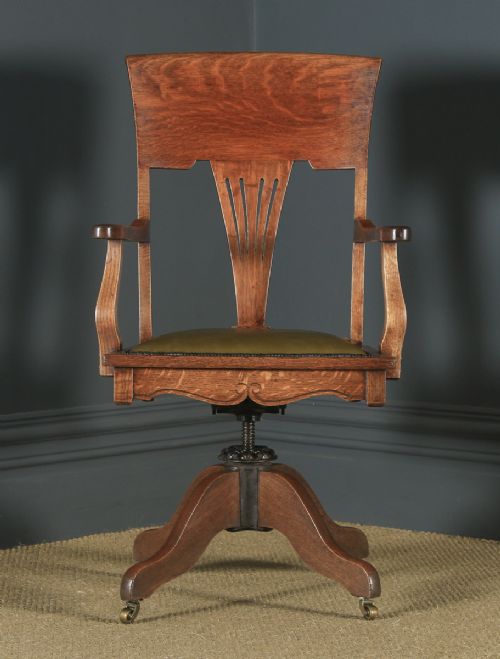 fig 1. Antique English Edwardian Art Nouveau Oak & Leather Revolving Office Desk Arm Chair (Circa 1910)