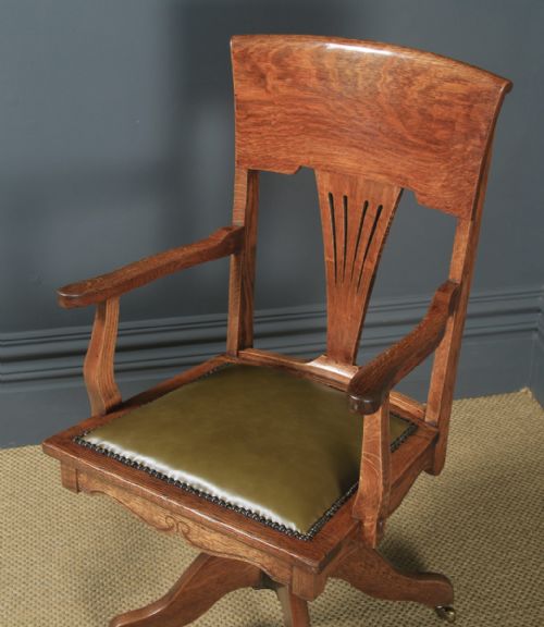 fig 2. Antique English Edwardian Art Nouveau Oak & Leather Revolving Office Desk Arm Chair (Circa 1910)