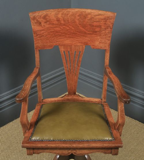 fig 3. Antique English Edwardian Art Nouveau Oak & Leather Revolving Office Desk Arm Chair (Circa 1910)