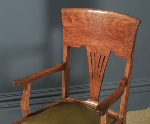 fig 4. Antique English Edwardian Art Nouveau Oak & Leather Revolving Office Desk Arm Chair (Circa 1910)