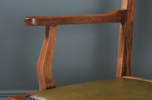fig 6. Antique English Edwardian Art Nouveau Oak & Leather Revolving Office Desk Arm Chair (Circa 1910)