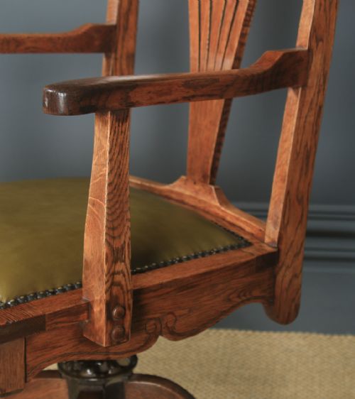 fig 7. Antique English Edwardian Art Nouveau Oak & Leather Revolving Office Desk Arm Chair (Circa 1910)