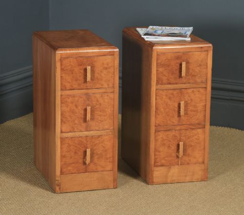 Antique English Pair of Art Deco Figured Walnut Bedside Chests (Circa 1930)