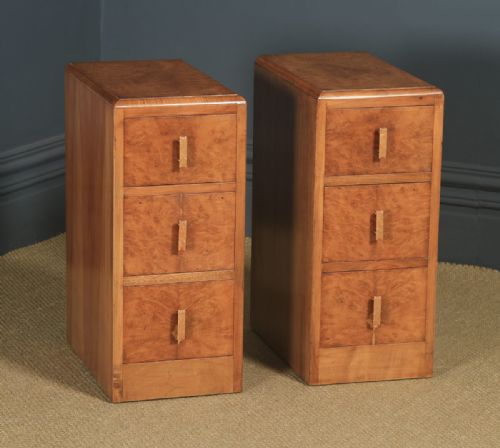 fig 1. Antique English Pair of Art Deco Figured Walnut Bedside Chests (Circa 1930)