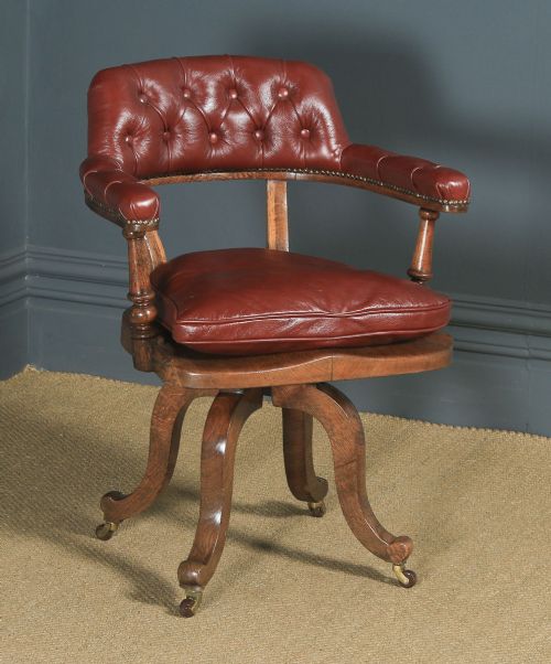 Antique English Victorian Mahogany & Red Leather Revolving Office Desk Arm Chair (Circa 1880)