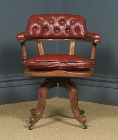 fig 1. Antique English Victorian Mahogany & Red Leather Revolving Office Desk Arm Chair (Circa 1880)