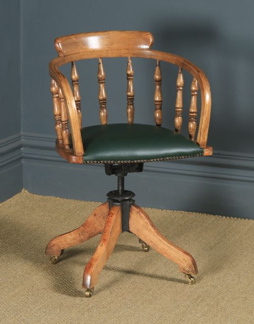 Antique English Edwardian Solid Ash Green Leather Revolving Office Desk Arm Chair (Circa 1910)