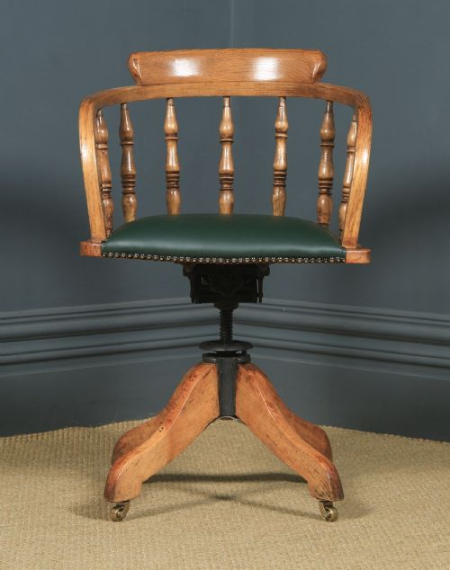 fig 1. Antique English Edwardian Solid Ash Green Leather Revolving Office Desk Arm Chair (Circa 1910)