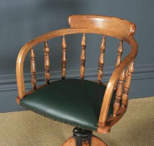 fig 2. Antique English Edwardian Solid Ash Green Leather Revolving Office Desk Arm Chair (Circa 1910)