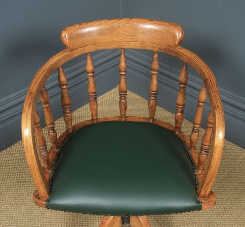 fig 3. Antique English Edwardian Solid Ash Green Leather Revolving Office Desk Arm Chair (Circa 1910)