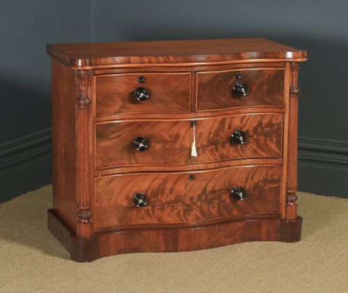 fig 1. Antique English Victorian Flame Mahogany Serpentine Chest of Drawers (Circa 1860)