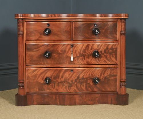 fig 2. Antique English Victorian Flame Mahogany Serpentine Chest of Drawers (Circa 1860)